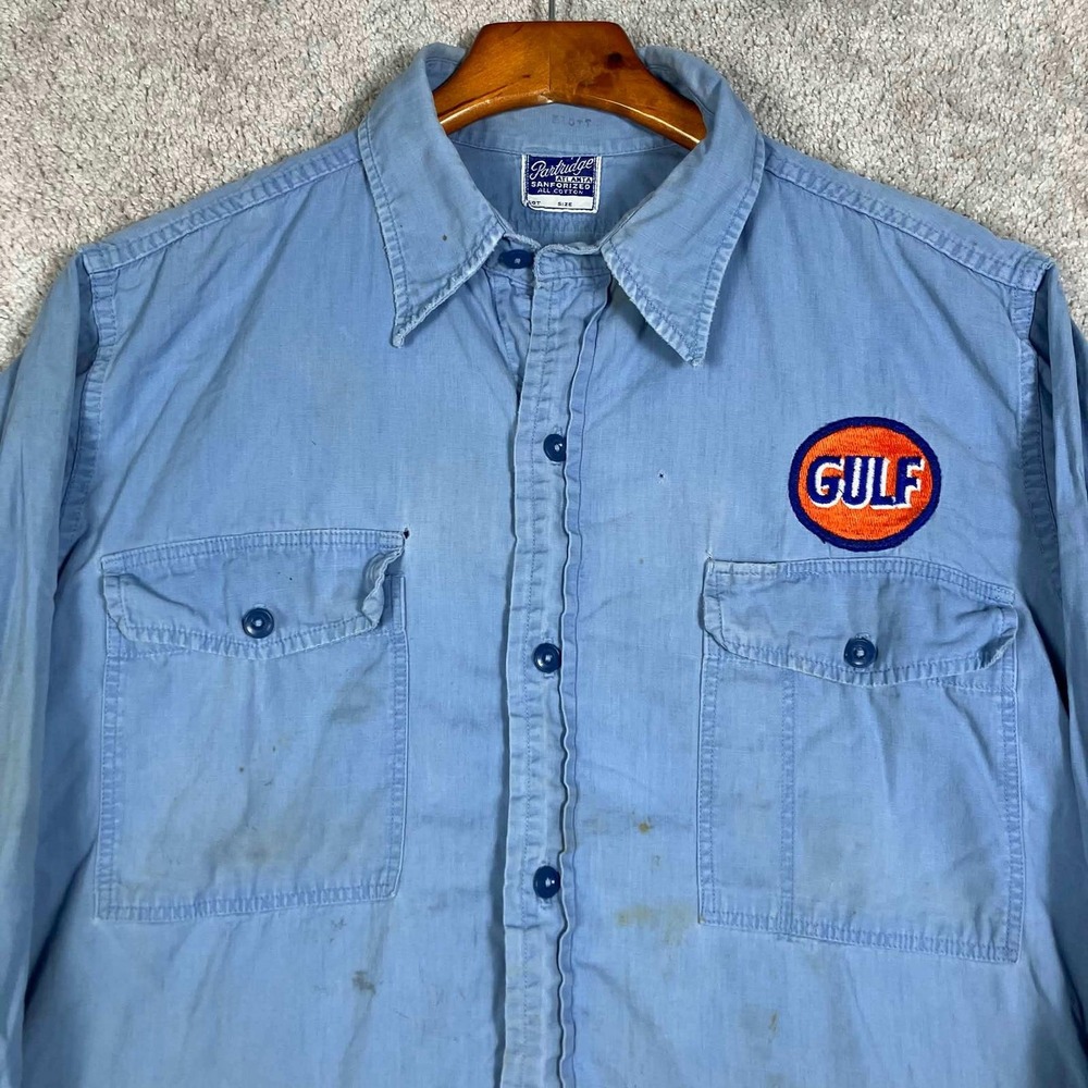 Vintage 50s Partridge Atlanta Gulf Oil Gas Station Work Shirt Blue Sanforized - Picture 2 of 16